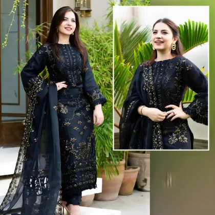 3Pc Embroidered Unstitched Chiffon Suit For Women – Crinkle Chiffon, Party & Formal Wear
