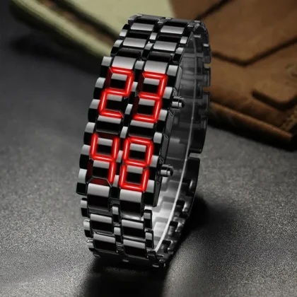 Fashion Mens Digital Lava Wrist Watch Men Black Full Metal Red Blue LED Display