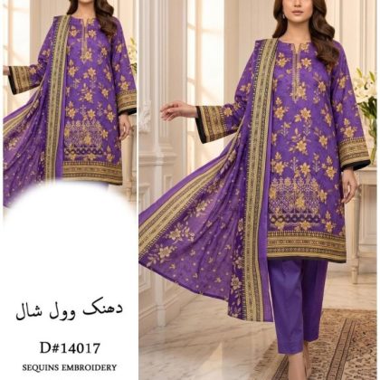 Fabric Dhanak 3 Pcs Winter Unstitched Suit with Wool Shawl