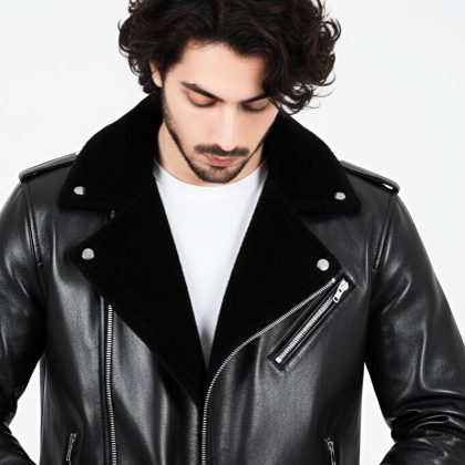 New Men's Casual Biker Style Black PU Leather Jacket with Tartan Collar