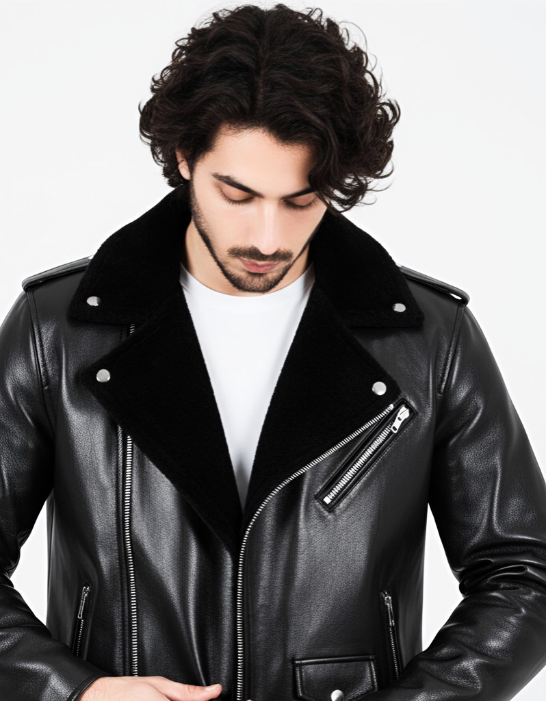 New Men's Casual Biker Style Black PU Leather Jacket with Tartan Collar