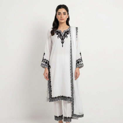 White Embroidered Kurti for Women – 3 Piece Suit with Dupatta & Trouser