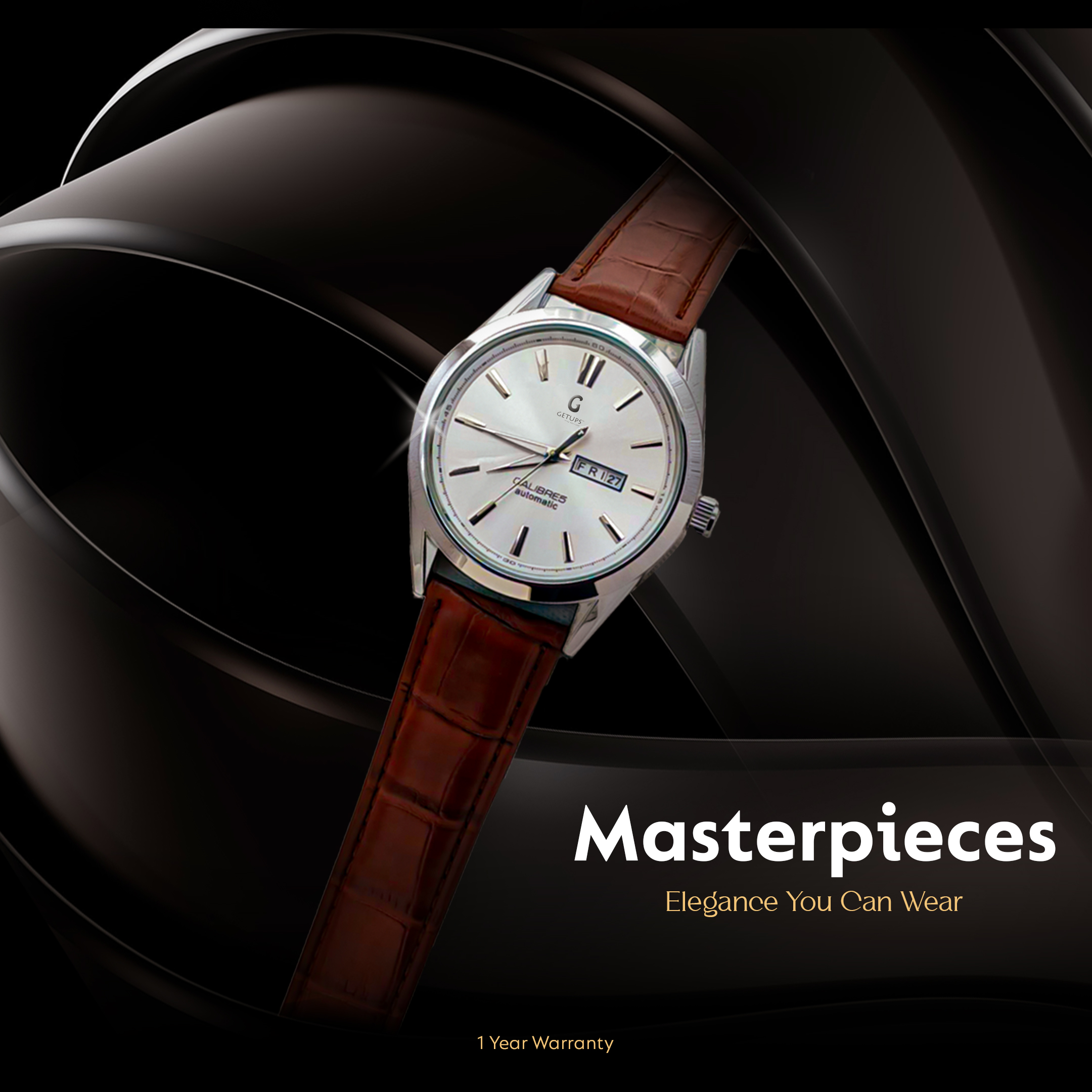 Getups — Date & Day Quartz Wrist Watch, Leather Strap, Masterlock - Image 3