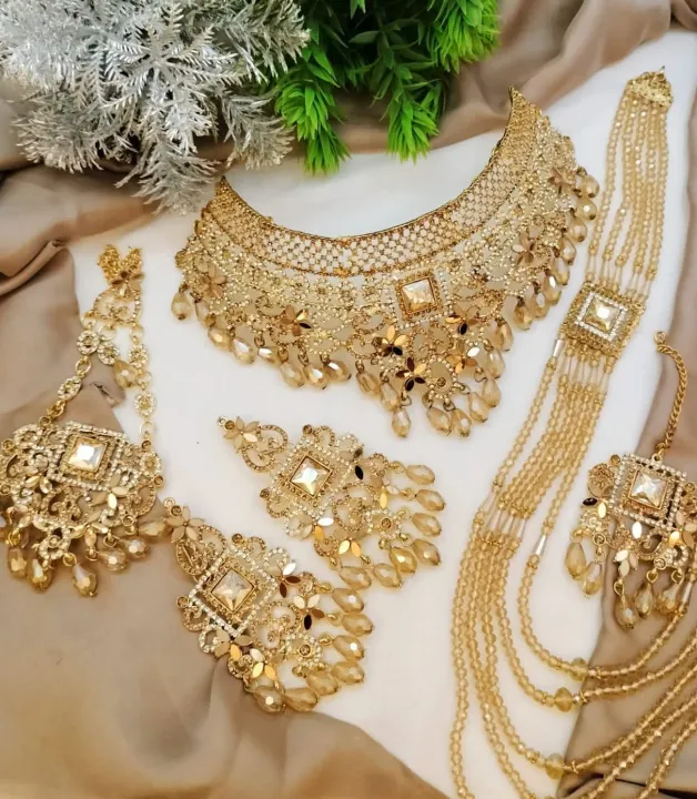 Bridal jewellery set price in Pakistan - golden crystal set for women