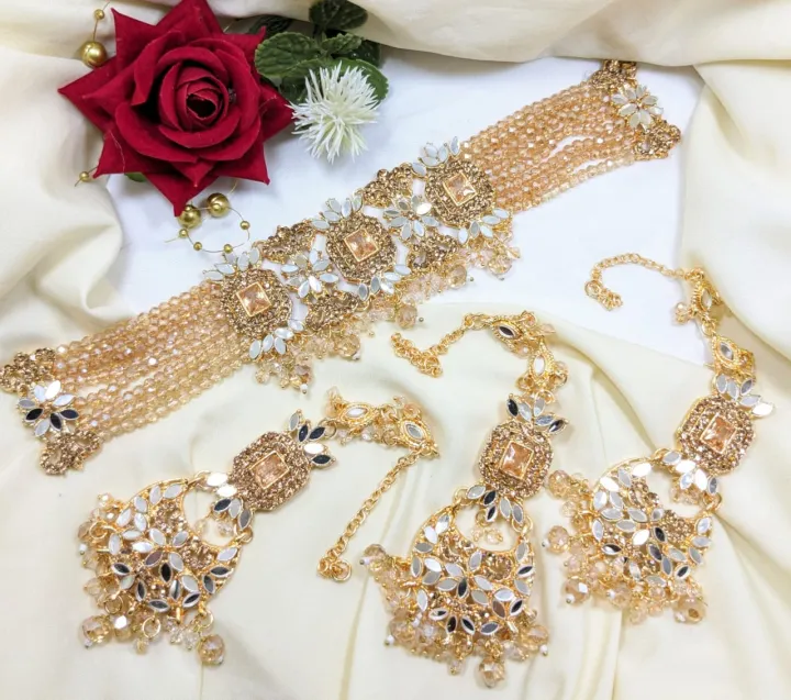 Hyderabadi choker set price in Pakistan - choker with earrings and tika