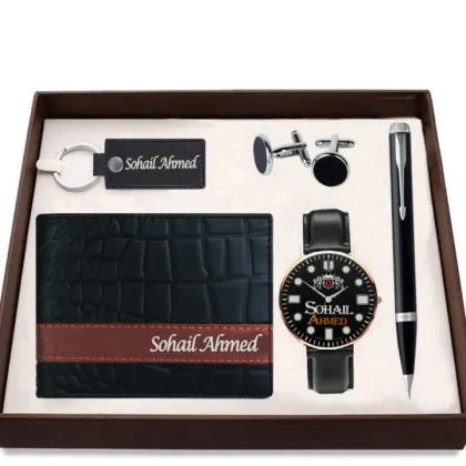 Genuine Leather 5 in 1 Customize Name Black Gift Set