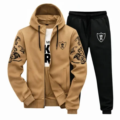 Men's 2 PCS Premium Winter Tracksuit – Camel Brown Hooded Jacket & Black Jogger Trouser