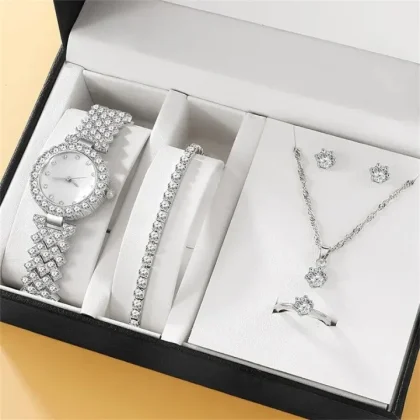 Roman Embossed Diamond Women Watch Jewellery Gift Box Set